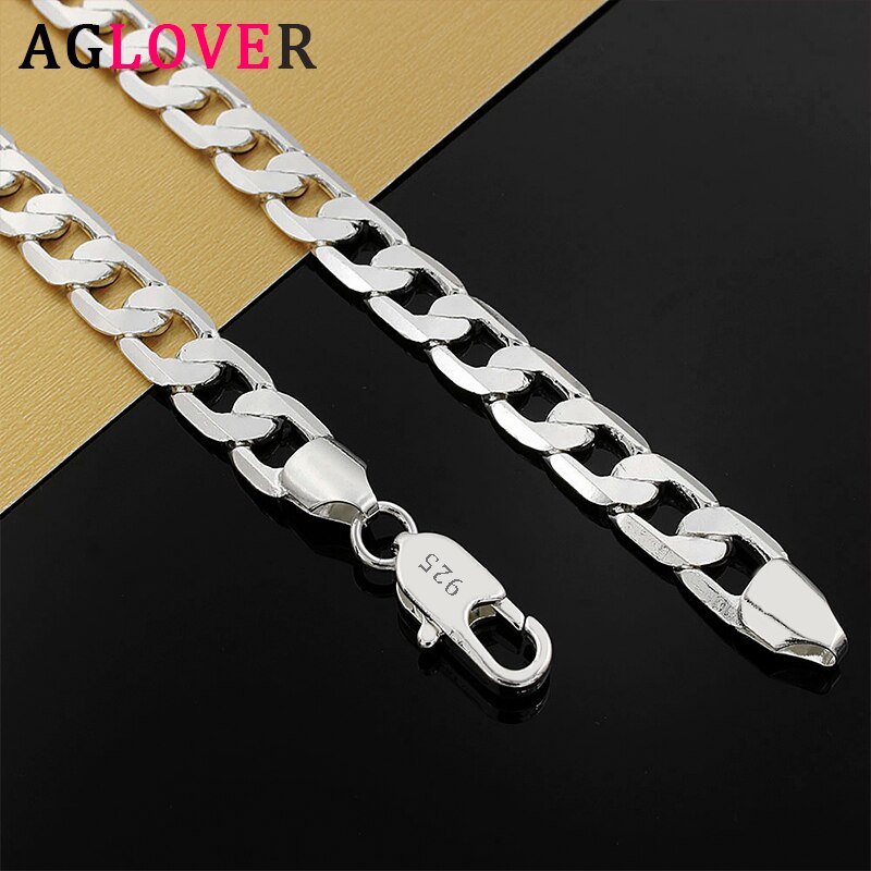 AGLOVER 925 Sterling Silver 16/18/20/22/24 Inch 8MM Side Chain Necklace For Woman Man Charm Jewelry