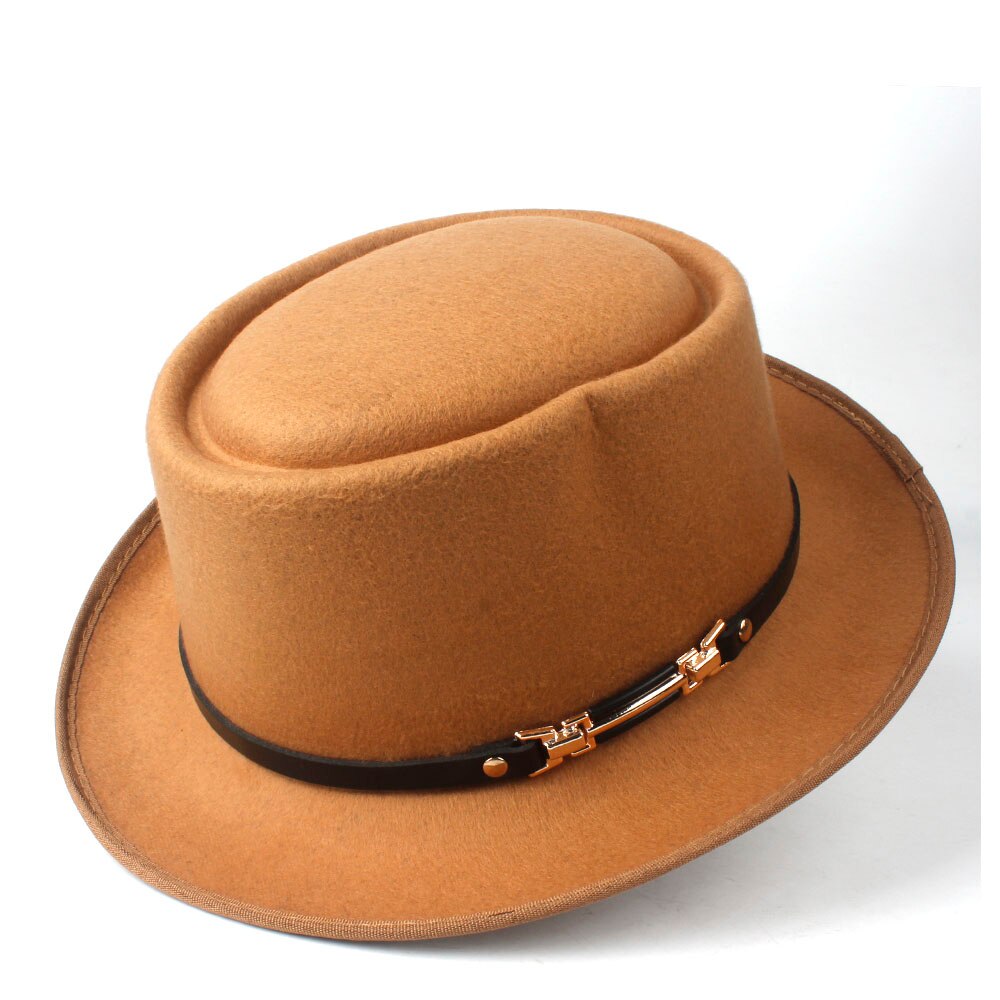 Männer Frauen Wolle Schweinefleisch Kuchen Hütte Mit Leder Gürtel Ich bin Freien Beiläufigen Hütte Panama Kirche Hütte Flache Fedora Jazz Hütte Größe 58CM: khaki