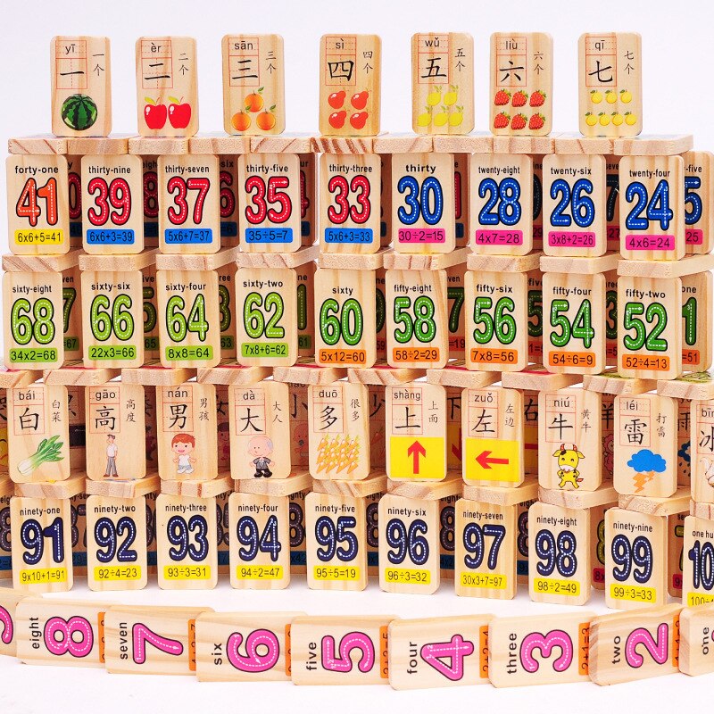 Dobbeltsidet cirkulær perle kinesiske tegn domino træ system tidlige barndom pædagogisk legetøj børn intelligens kognitiv: Dobbeltsidet med tal kinesiske tegn domino