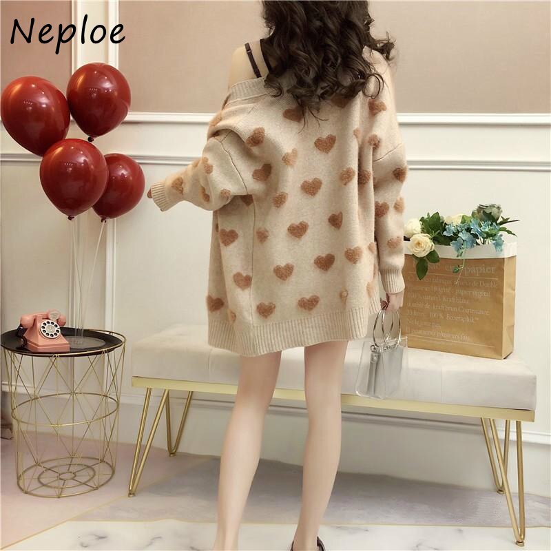 Neploe love heart print brodert genser kvinner søt single breasted langermede gensere femme myk løs damejakke