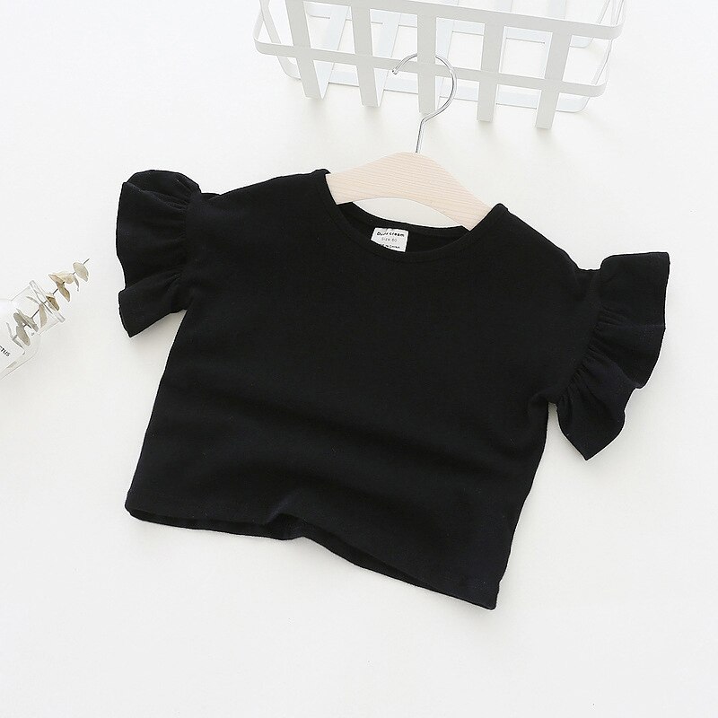 Zomer Meisje Katoenen Casual T-Shirt Effen Kleur Korte Ruffle Mouwen Stijl Baby Kinderen Pasgeboren Meisjes Sweatshirt Tops: black / 18m