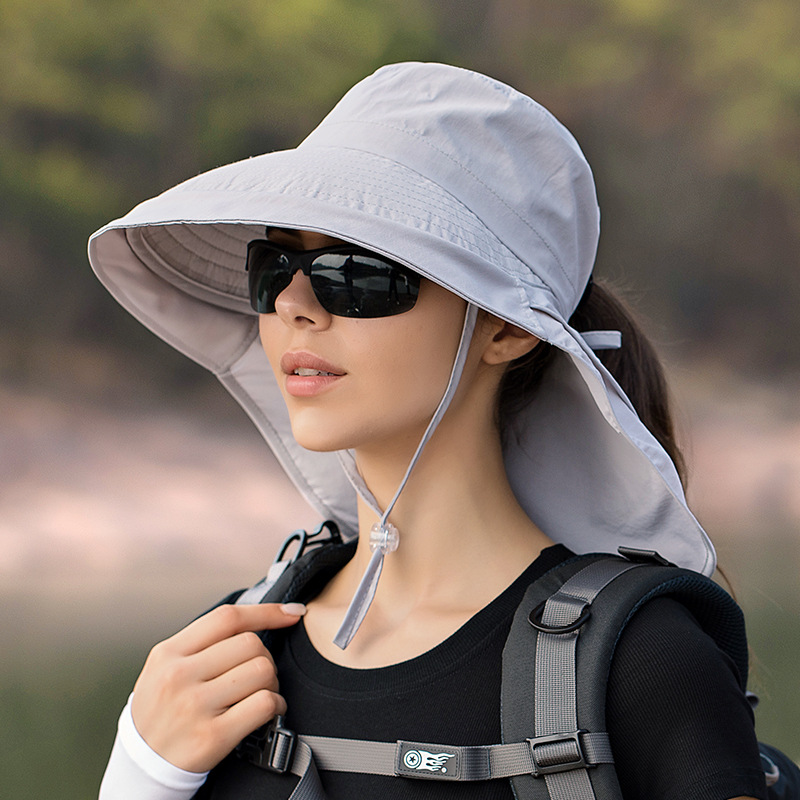 Verão Cor Sólida Bow Tie Bucket Hat para As Mulheres Xaile Integrado Sun Hat Outdoor Anti-UV Pesca Hat Senhoras Praia Caminhadas Hat: Cinza claro