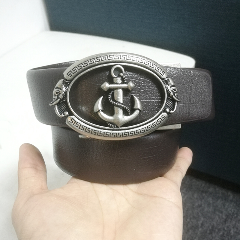 Gold Anchor Belts Men Luxury Brand Automatic Buckle Leather Waist Belt for Jeans Kemer riem: Deep Brown S Buckle / 120CM