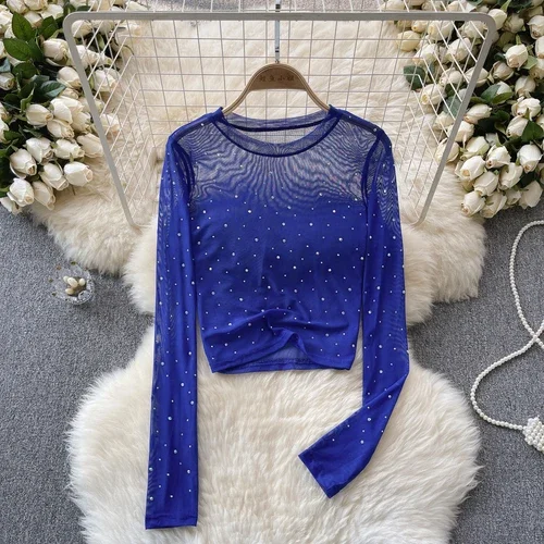 Kvinder hotsweet chic rhinsten mesh transparent lange ærmer sexet crop top slank sexet koreansk t-shirt efterårsskjorte til kvinder