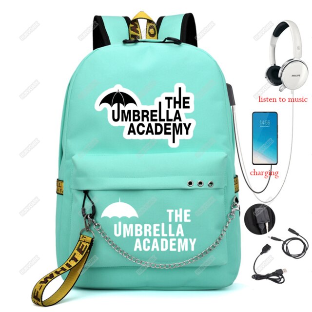 The Umbrella academy USB Backpack Women Men Teenager School Bag Women USB Travel Rucksack Large Mochila Escolar With Chain: Green-2