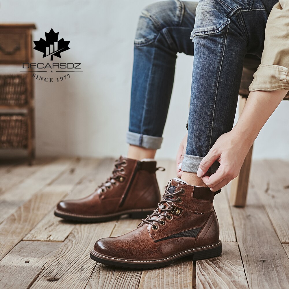 DECARSDZ-Botas de invierno para hombre, zapatos de , botas cómodas de cuero con cordones, cálidas y cortas de felpa, para invierno,