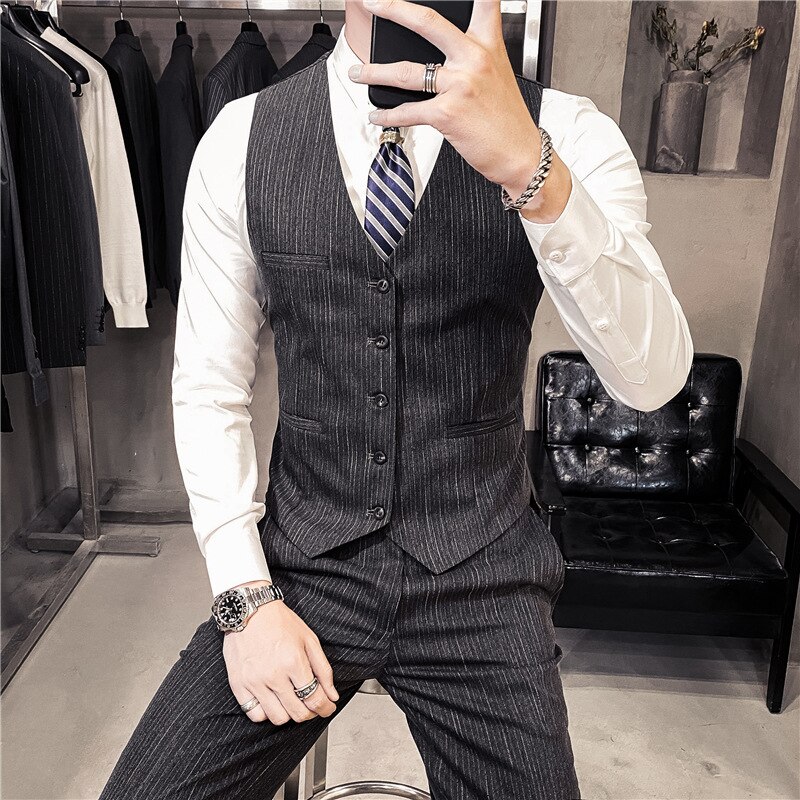 retro Gestreiften Herren Anzug Weste Clever Beiläufige Dünne Westen Männer Formale Kleid Geschäft Hochzeit Party Jahrgang Männlichen Weste Gilet Homme