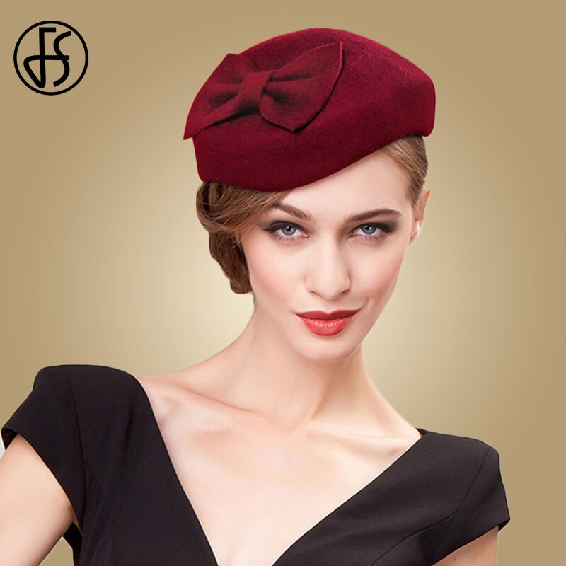 FS 100% Wool Black Pillbox Hats Fascinator For Women Wedding Felt Fedora Hat Derby Tea Party Formal Ladies Church Hats: Wine Red