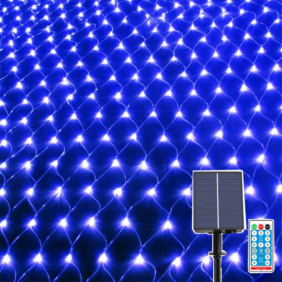 96/200/600Led Solar Net String Lights Solar Christmas Mesh Licht Met Afstandsbediening Outdoor Twinkle Fairy Guirlande Voor tuin Gazon Hek: Blue / 1.5X1.5M 96LEDS