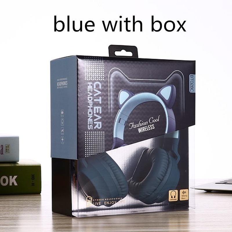 LED Cat Ear Noise Cancelling Headphones Bluetooth 5.0 Young People Kids Headset Support TF Card 3.5mm Plug With Mic: Blue with Box