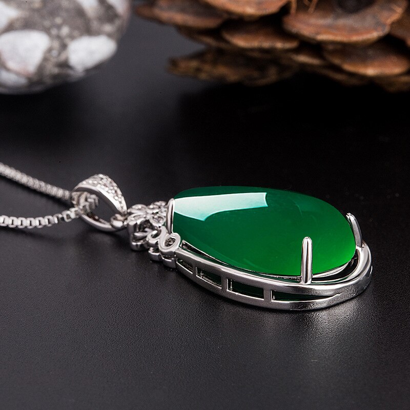 Natural Green Jade Chalcedony Water Pendant 925 Silver Necklace Chinese Carved Charm Jewelry Amulet for Women