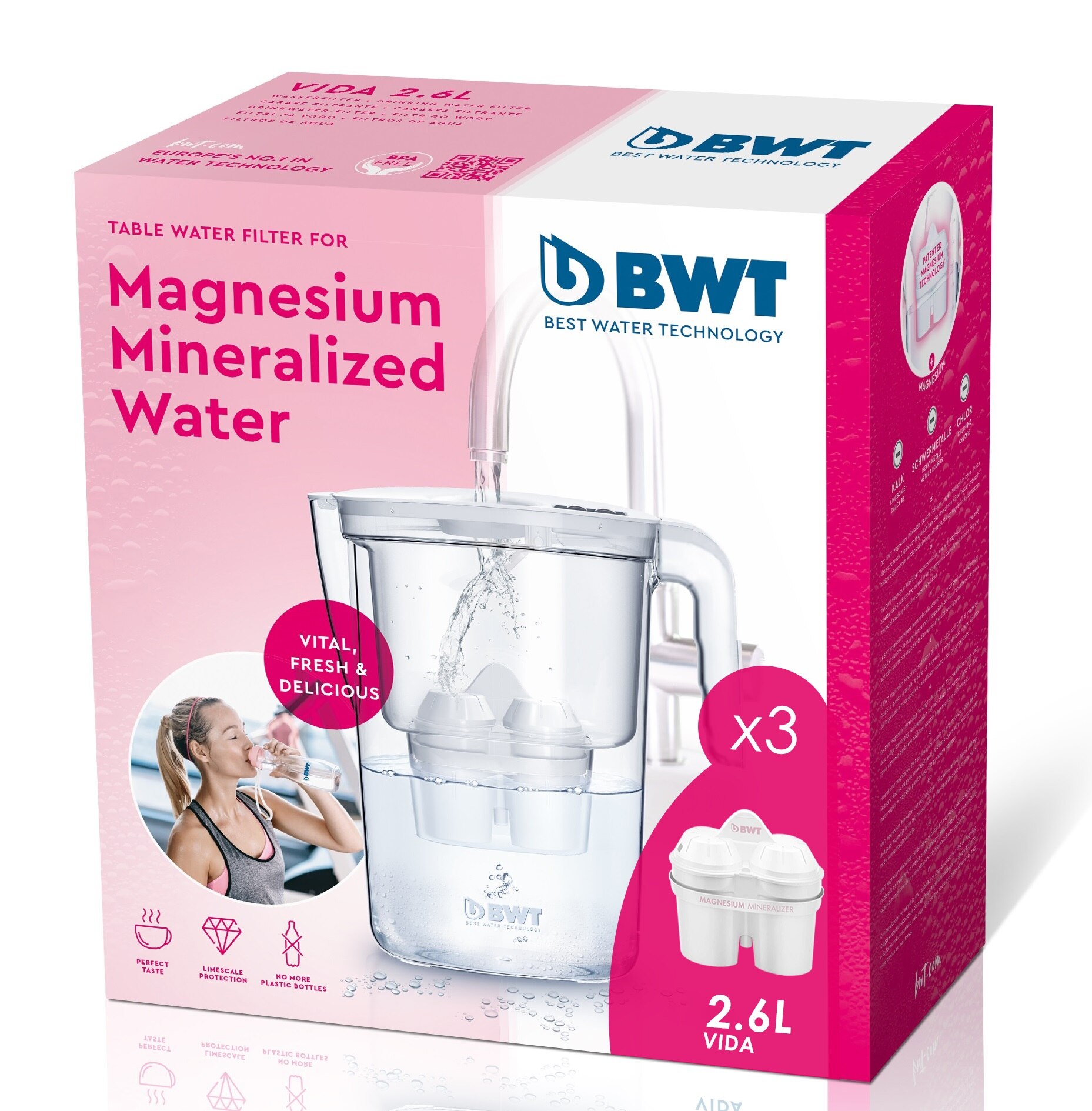BWT - Jarra Filtradora de Agua Vida Manual + 3 Filtros con Magnesio para 3 meses duración