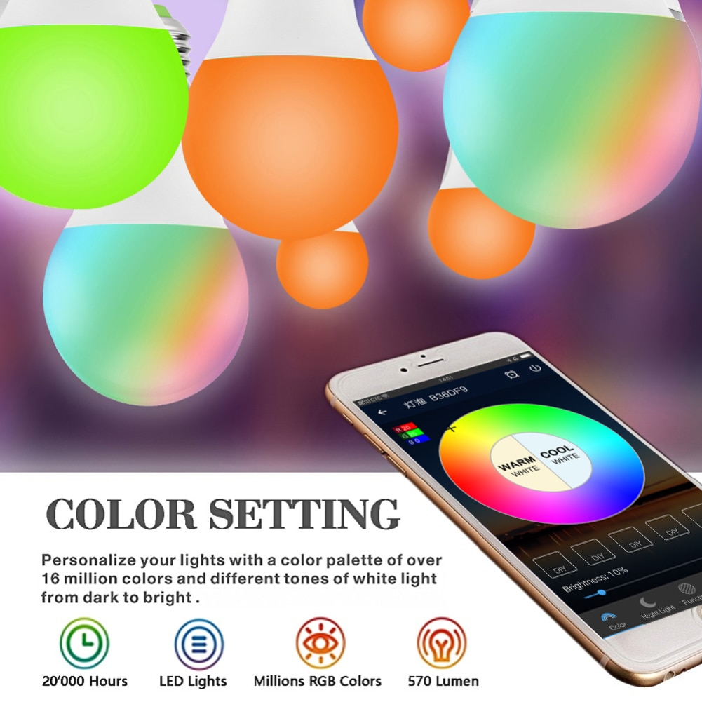 Magic 7W E27 RGB Led Light Bulb Smart Home Bluetooth Lamp Color Change Dimmable AC 85-265V Work with ALexa Google Home