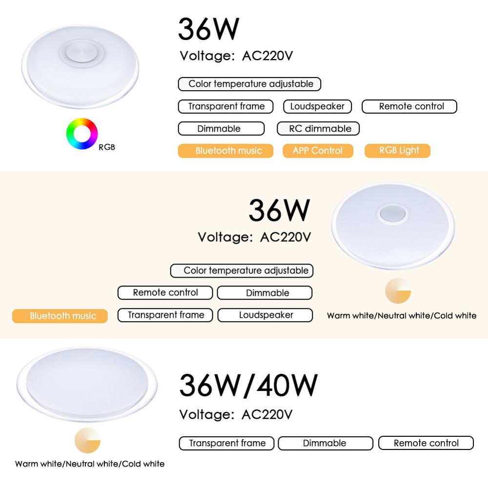 LED Ceiling Light Bluetooth RGB Smart Music Dimmable Lamp AC 220V 240V Living Room Home Decor Party 36W 40W APP Remote Control