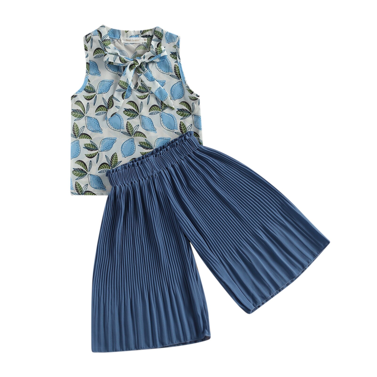 FOCUSNORM 3-7Y Summer Kids Girls Clothes Sets Flowers Print Bow Sleeveless Vest Tops Wide Leg Pants: Blue / 3T