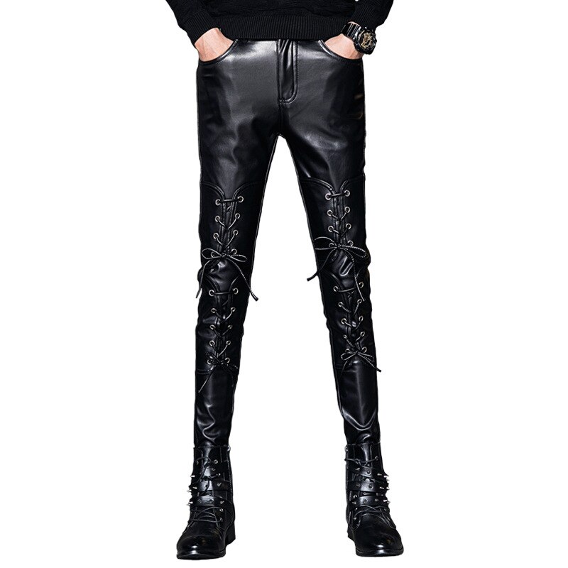 Mannen Mode Stage Performance Lederen Broek Jeugd Winter Threading Slim Fit Skinny Leren Broek