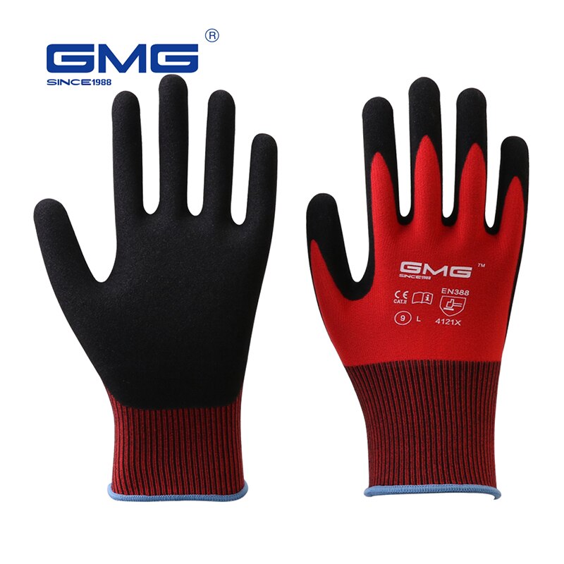 12 Pairs Bouw Handschoenen GMG Rode Polyester Shell Zwarte Nitril Sandy Coating Arbeidsveiligheid Handschoenen Mannen Werken Handschoenen