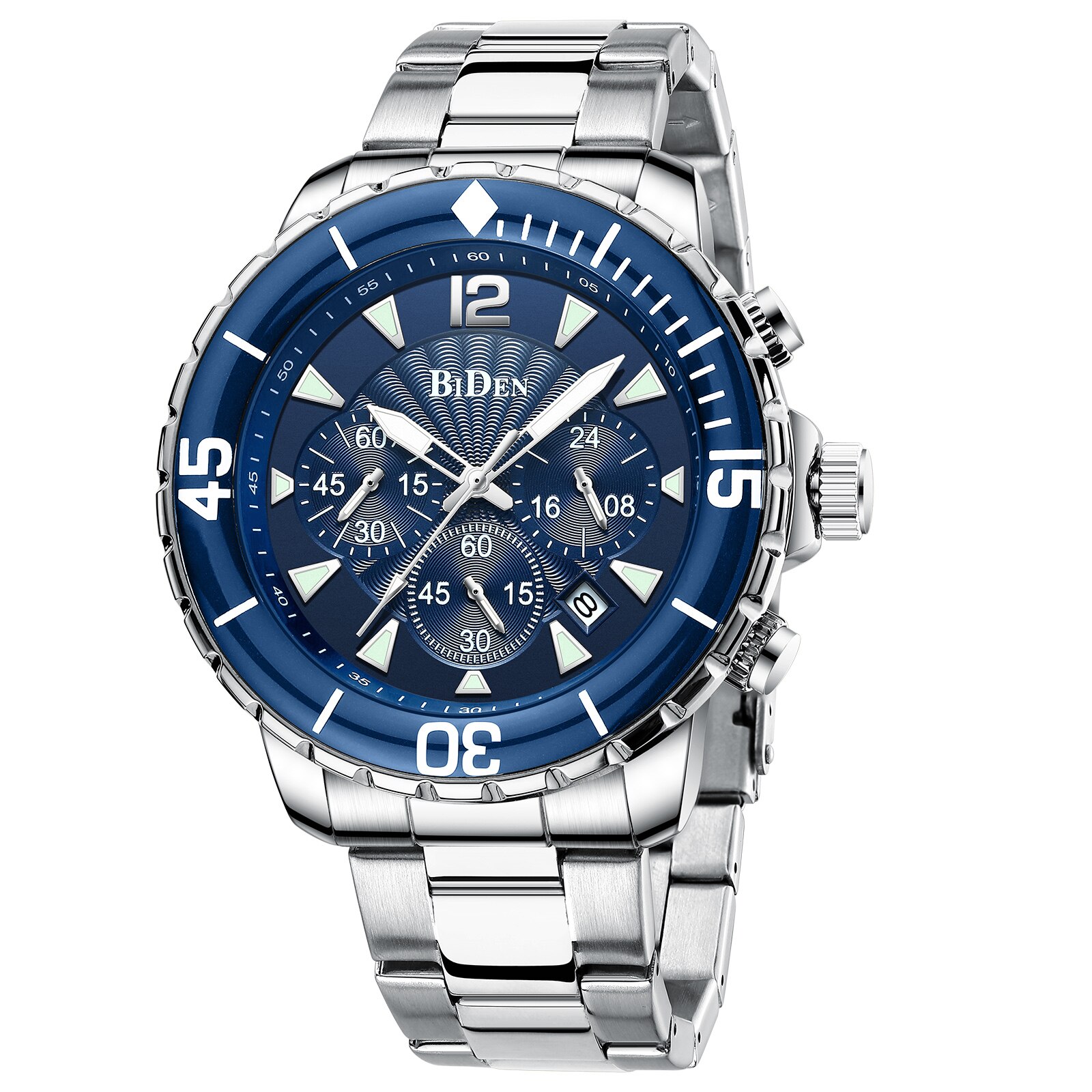 BIDEN-Reloj de pulsera de acero inoxidable para hombre, deportivo, resistente al agua, Masculino: blue dail Silver