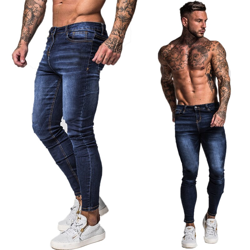 GINGTTO Jeans Men Elastic Waist Skinny Jeans Men Stretch Ripped Pants Streetwear Mens Denim Jeans Blue