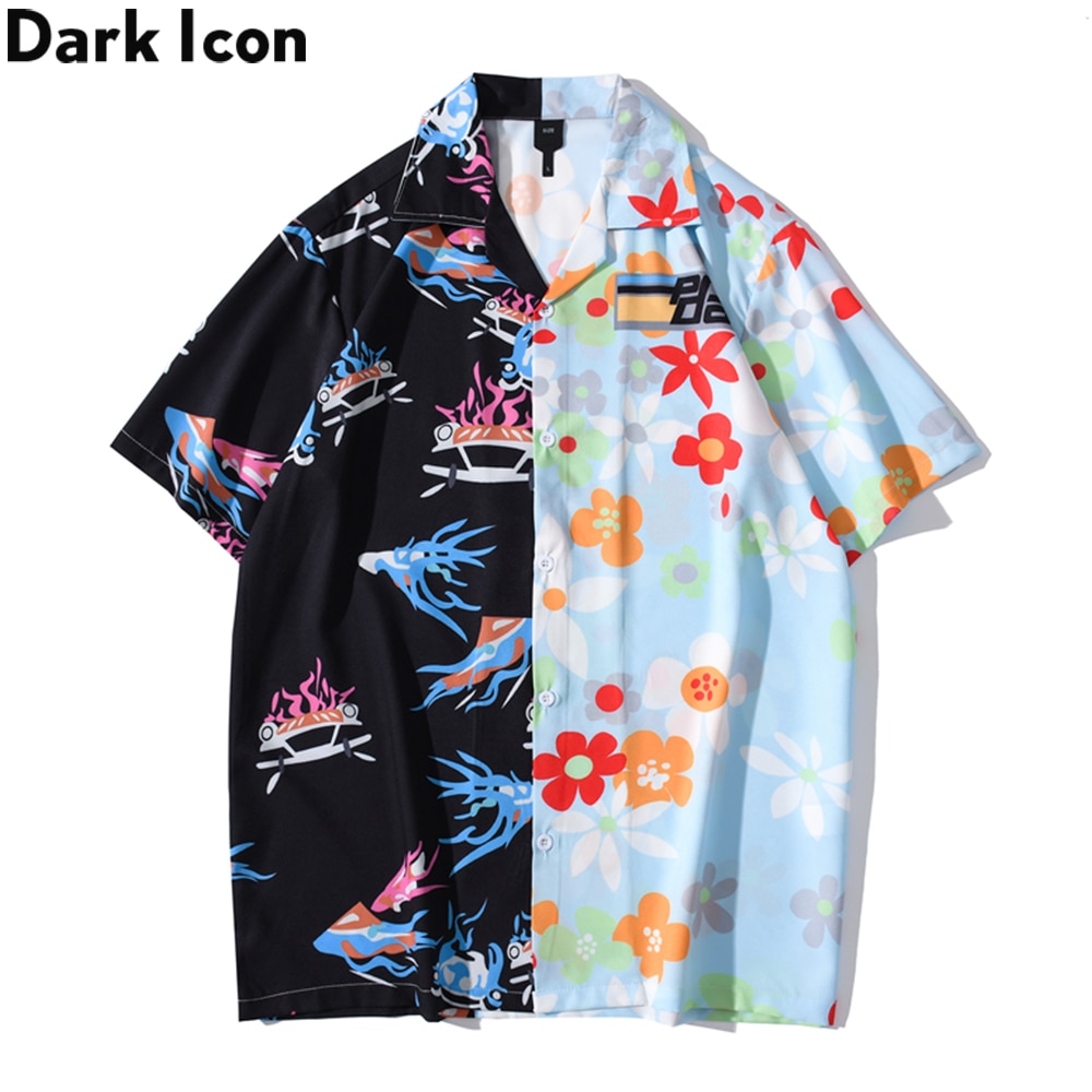 Dark Icoon Patchwork Hawaiiaanse Shirt Mannen Vintage Mannen Shirt Zomer Shirts Voor Mannen