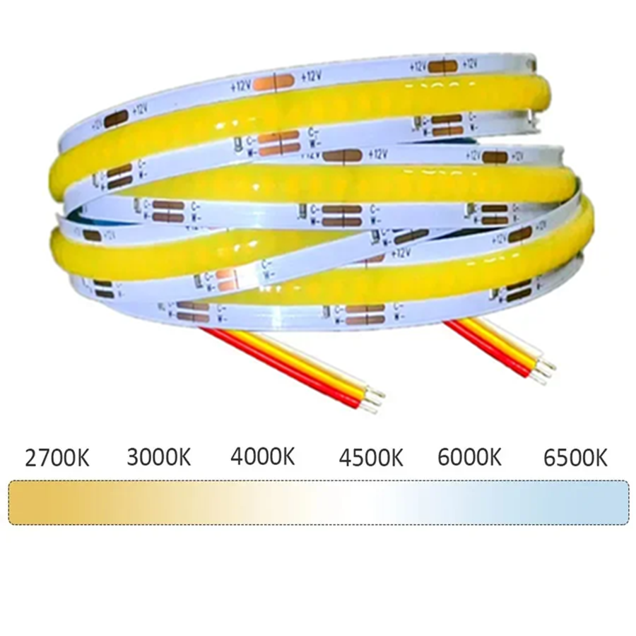Bande lumineuse LED CCT COB haute densité 608 LED s/m, Flexible et variable, 2700K à 6500K, éclairage LED variable, DC12V 24V: 0-5W / 0,5 m