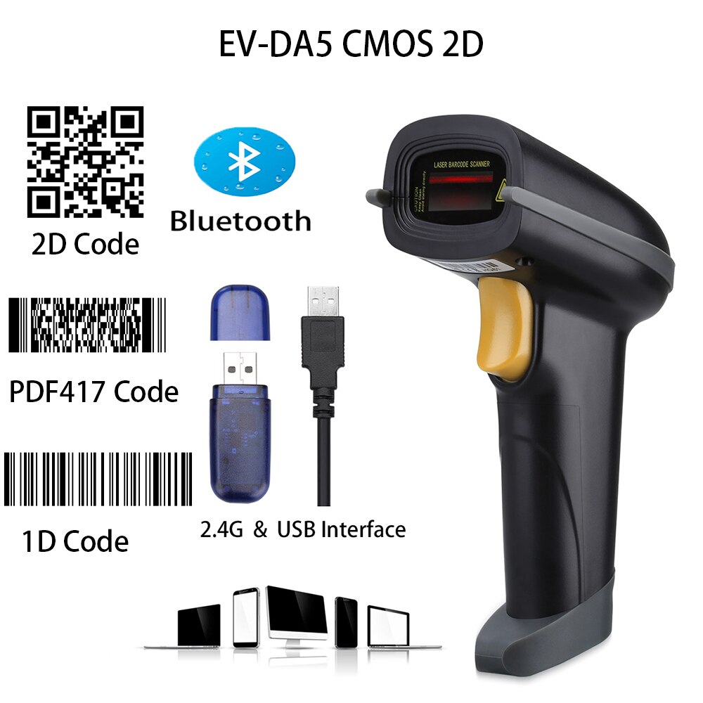 Evawgib 1D 2D PDF417 Barcode Scanner Usb 2.4G 433Mhz Bluetooth Barcode Scanners Handheld Barcode Reader Goedkope Barcode Scanner: EV-DA5(CMOS 2D)