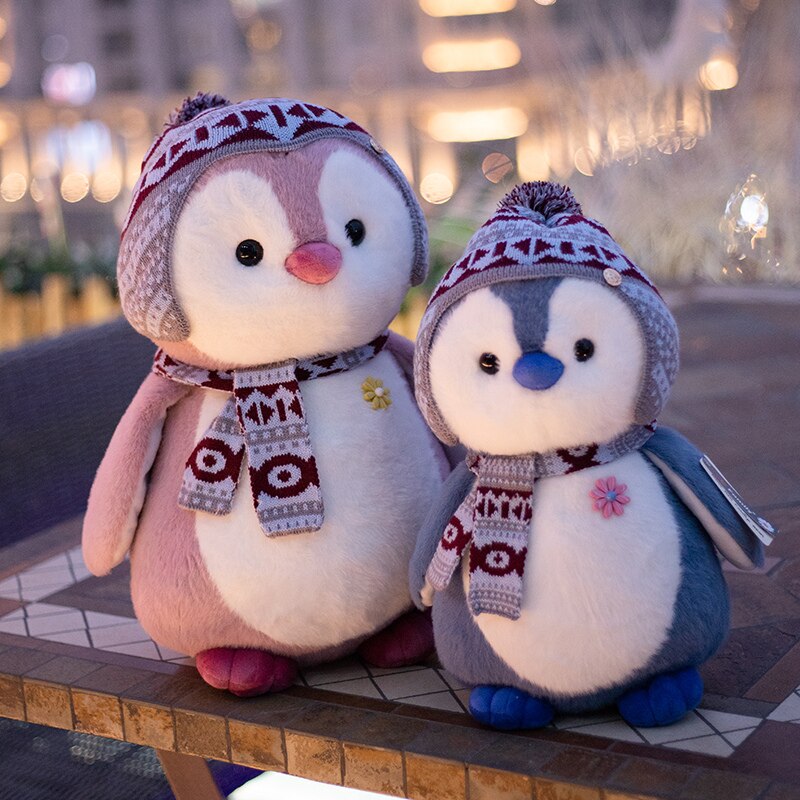 Schattige pluizige pinguïn knuffeldier, knuffeldier, sjaal, muts, aankleedpop, pinguïn, speelgoed voor kinderen, kerst