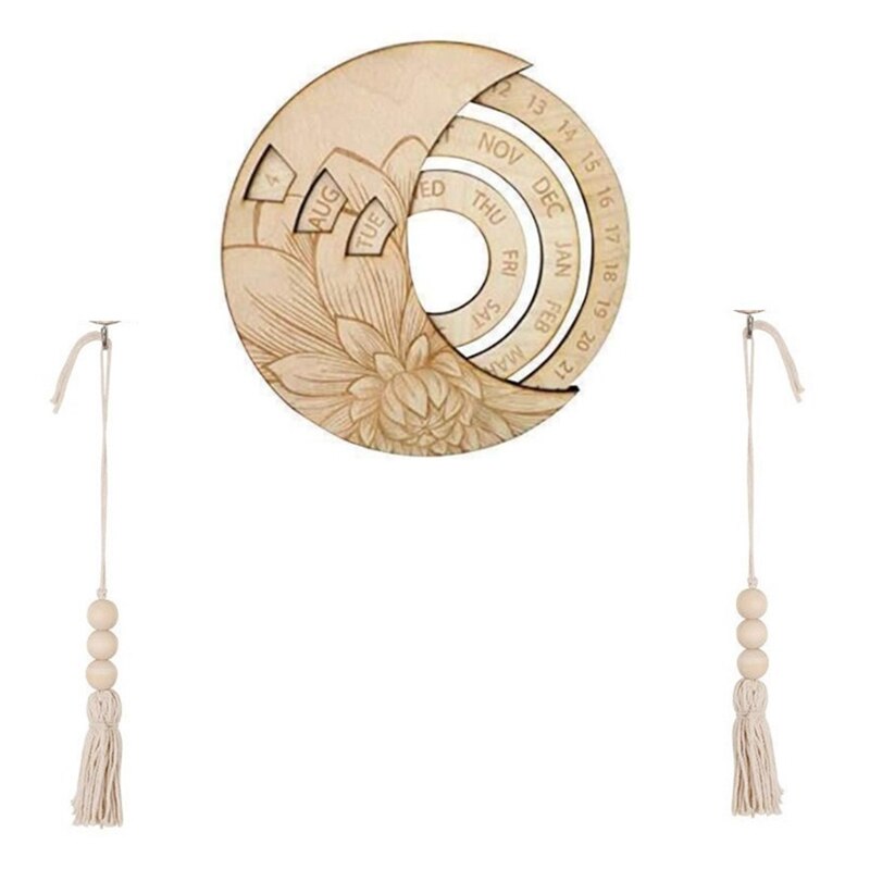 Wooden Perpetual Calendar,Wall Mounted Rotatable Calendar,Adjustable Circular Calendar,for Home/Office/School,10Inch: Log Color