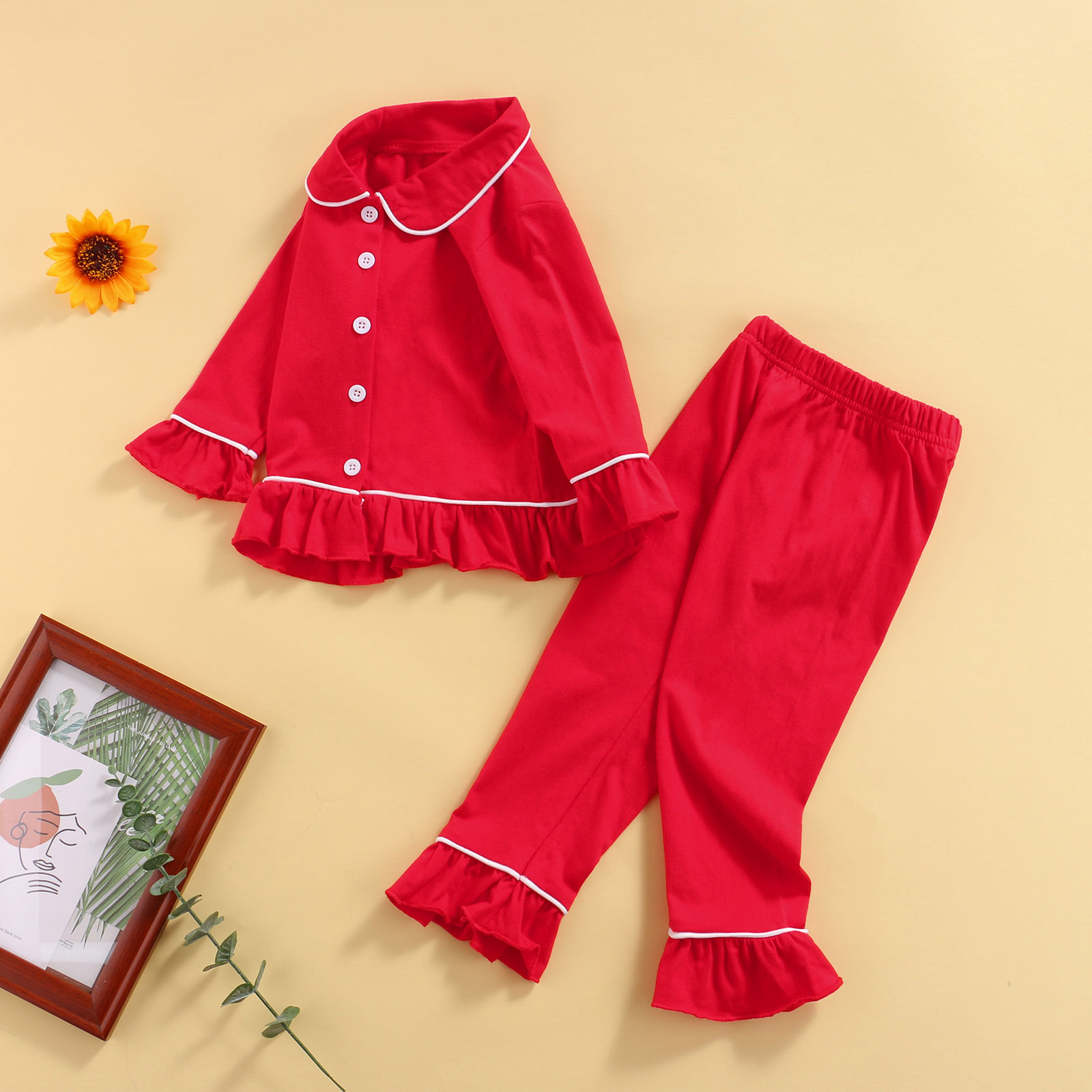 Pigiama in cotone per bambina 2 pezzi, primavera autunno Casual confortevole manica lunga risvolto bottoni orlo arricciato top rossi + pantaloni tuta