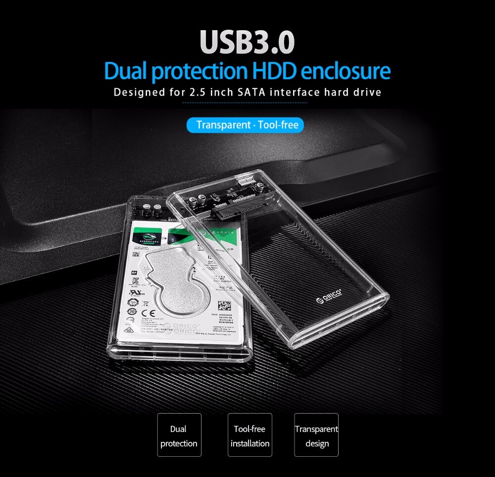 Orico hdd caso 2.5 polegada sata para usb3.0 usb ssd adaptador para 7mm disco rígido caixa de disco rígido claro externo móvel hdd hd caixa de cerco