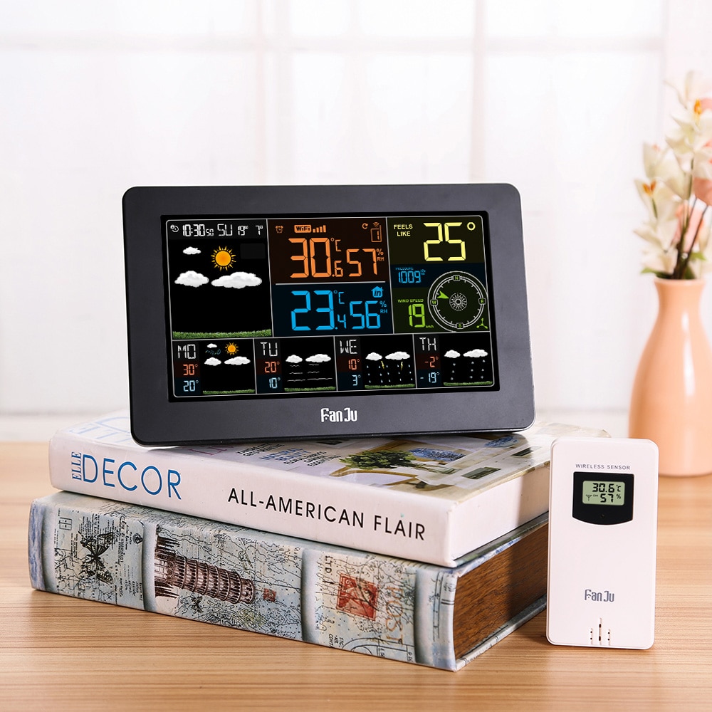 EU Plug Wifi Clock Digital Alarm Clock LCD Weather Station Temperature Humidity Pressure Wind Fouction