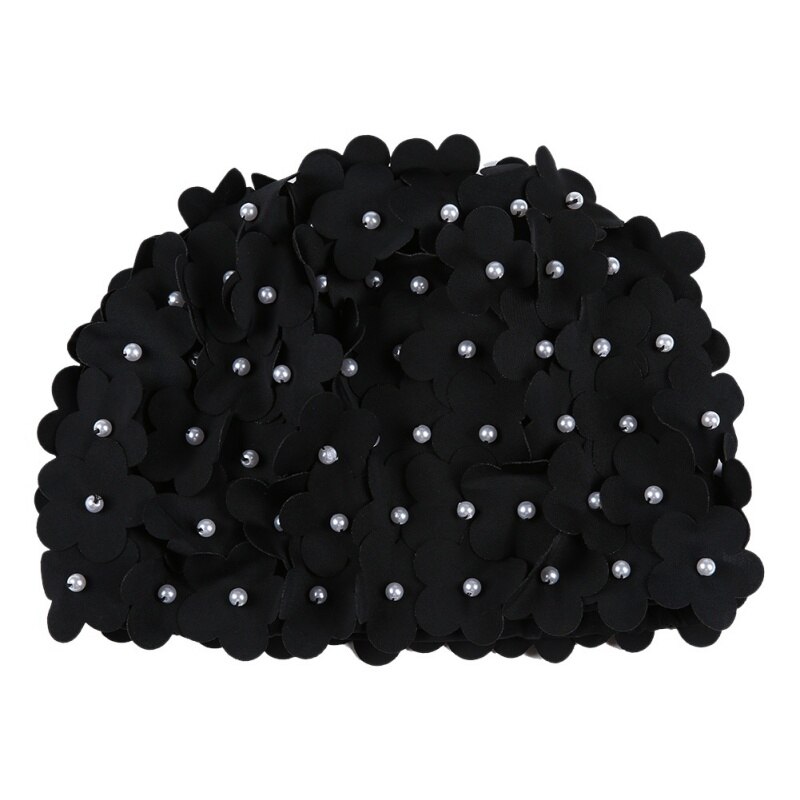 Handgemaakte zwemsportmuts dames parel gestikte bloemen bloemen elastische ademende strandmuts badmuts sportkleding lang haar: Zwart