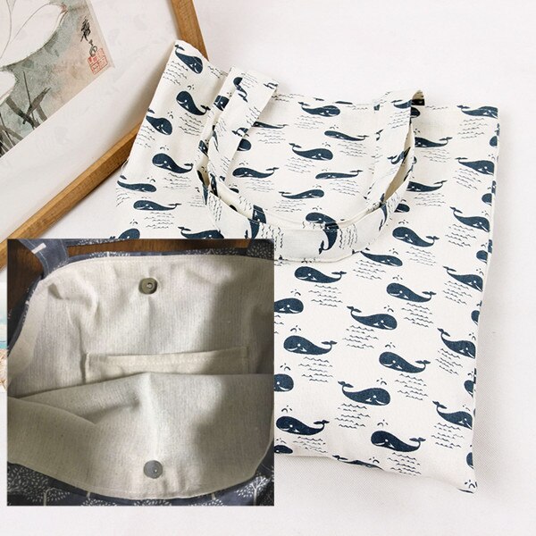 YILE Brand Cotton Linen Eco Reusable Shoulder Bag Shopping Tote Print Cute Whales L244: 2 layer magnetic