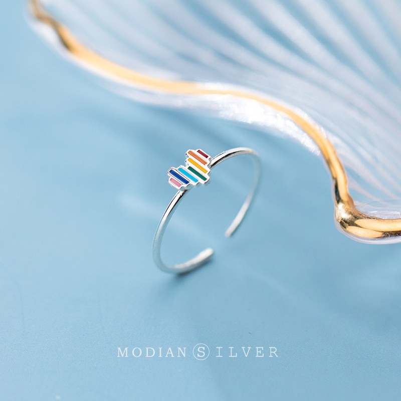 Modian 925 Sterling Zilver Leuke Multi-color Regenboog Hart Vinger Ringen Voor Vrouwen Mode Gratis Grootte Ring fijne Sieraden