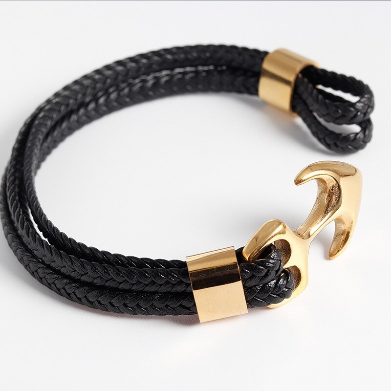 Charm Multilayer Men Leather Bracelet Black Gold Black Stainless Steel Survival Rope Anchor Bracelets for Men Male Jewelry