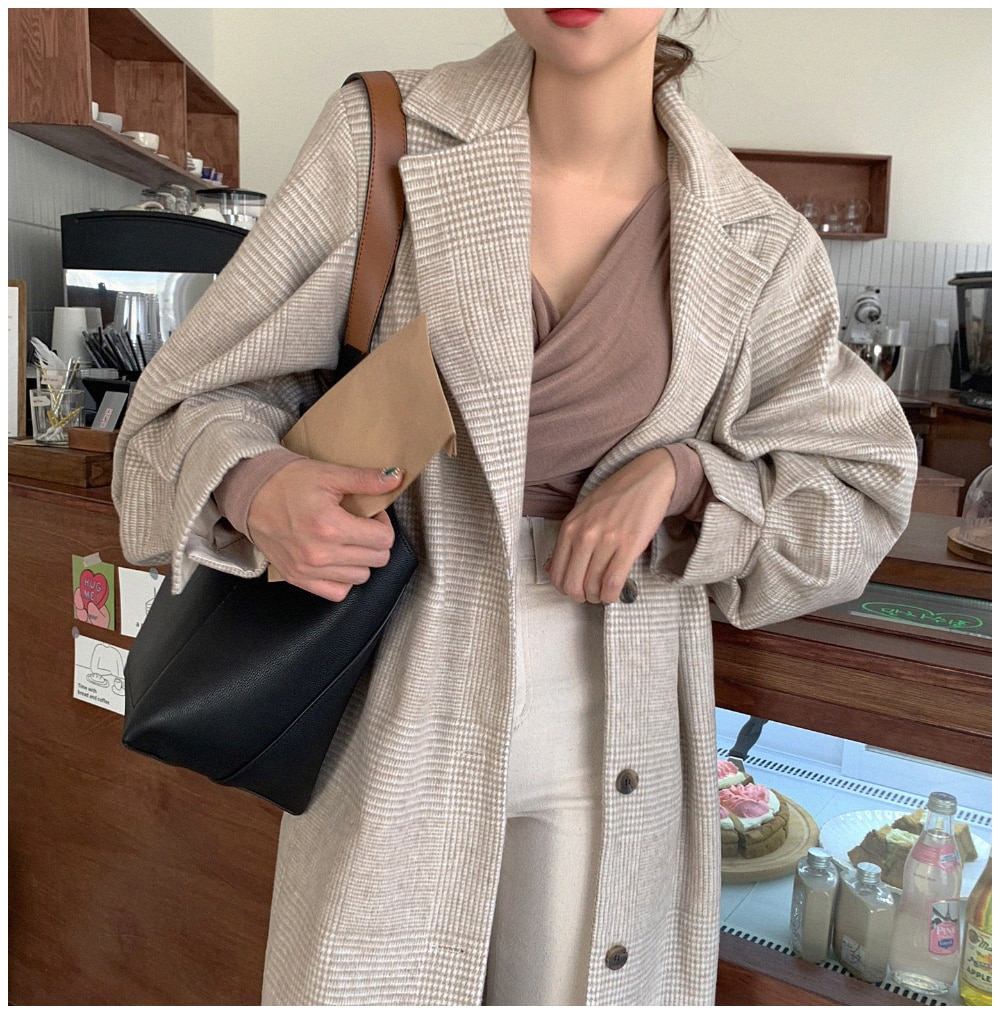 Zimowy płaszcz wełniany rękaw damski poszerzany typu latarnia skręcić w dół kołnierz pojedyncze piersi plazcze Damskie plus rozmiar Manteau Femme Hiver 2020