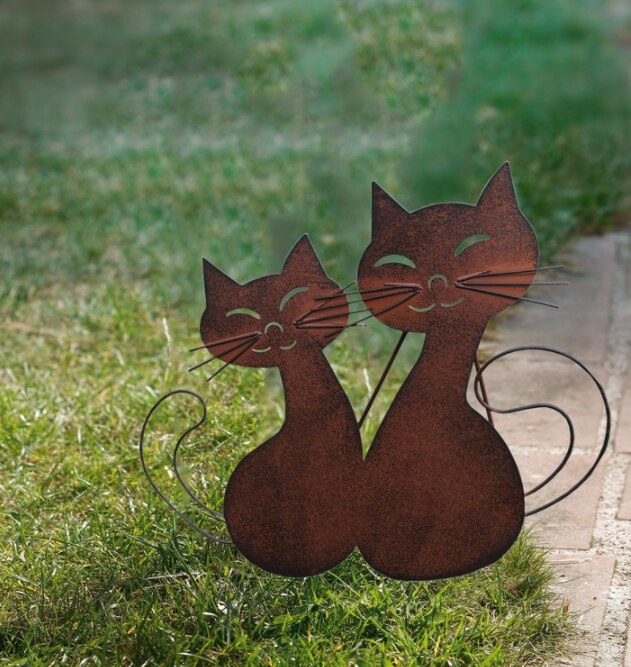 Ornements de jardin Vintage en fer forgé de Style européen, Villa rouillée rétro deux chats, décoration d&#39;animaux d&#39;extérieur debout