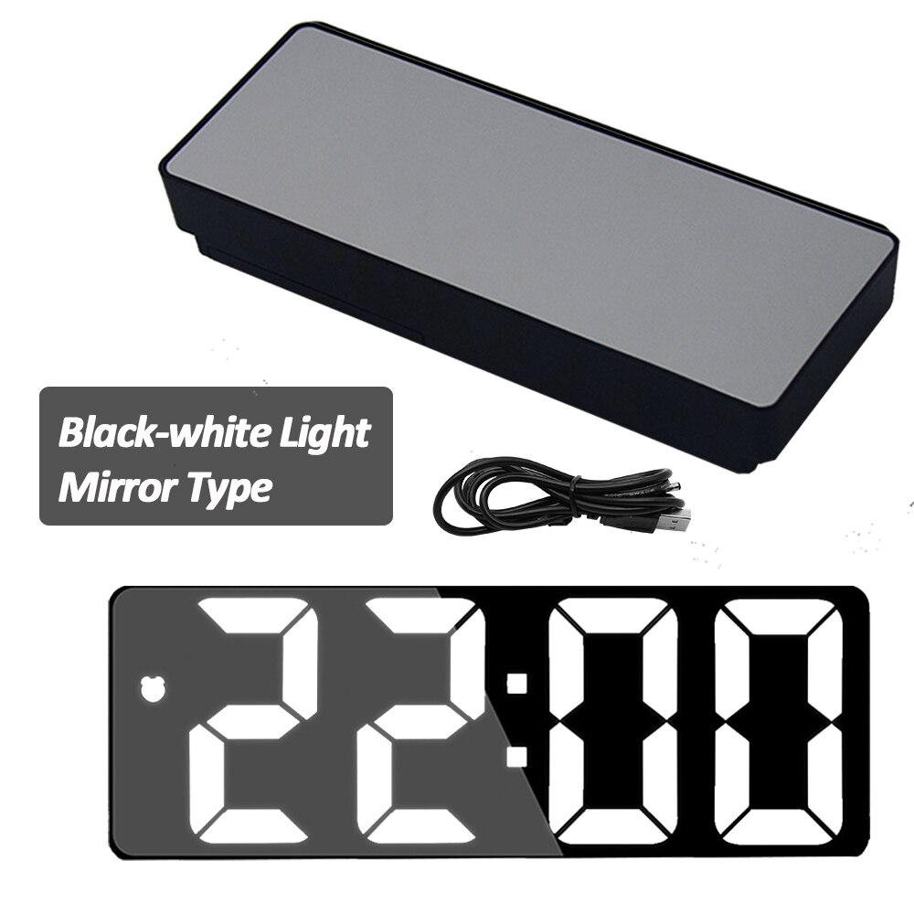 Digital Alarm Clock LED Screen Electronic Clock Large Number Display Clocks Digital Table Clocks With Voice Control Function: Black-White- Mirror