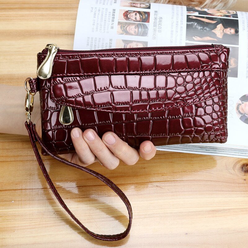 Patent Leather Women's Wallets Fallow Long Ladies Double Zipper Wallet Clutch Bag Red Purse Crocodile Purses