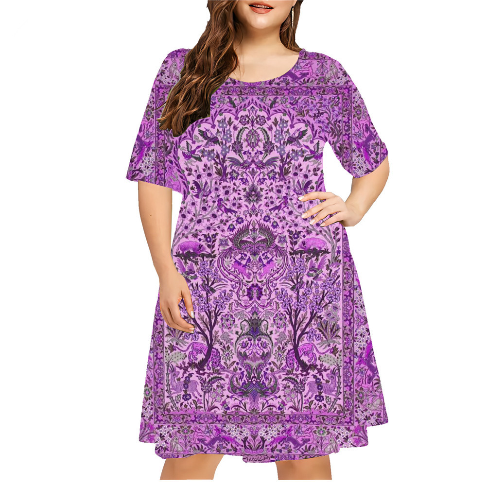 Vestido estampado em 3D com estilo étnico feminino, plus size, casual, manga curta, solto, linha A, verão, vintage, senhoras, tamanhos grandes, 6XL