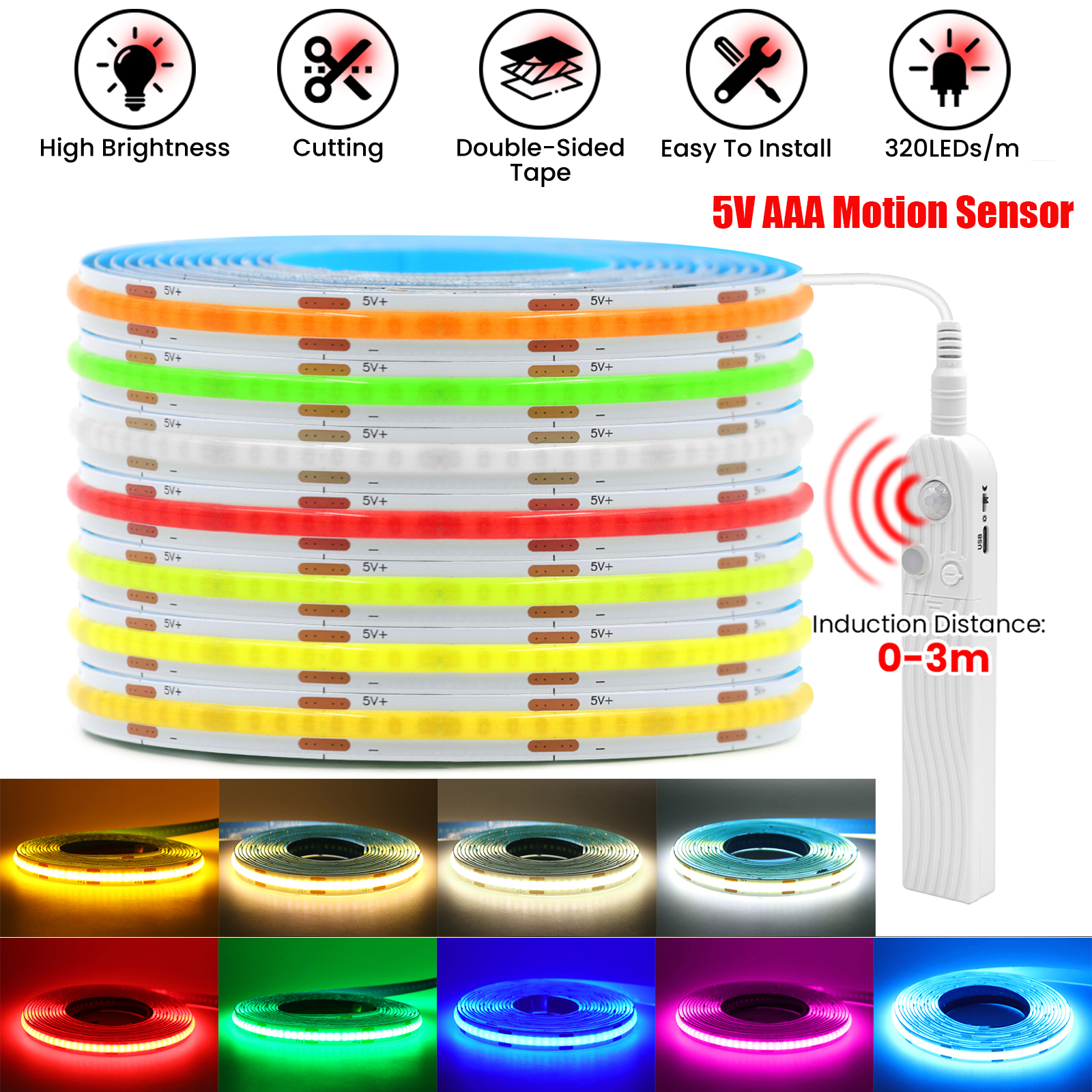 Tira de luces LED COB con Sensor humano, batería 4AAA, cinta LED Flexible regulable de 5V con cinta adhesiva para retroiluminación de armario y dormitorio