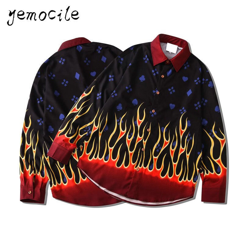 Flamme Gedruckt Hemd Paare Tragen Lässige Männer Frauen Hemden Harajuku Hüfte hüpfen Streetwear verlieren Langarm Blusen StreetWear