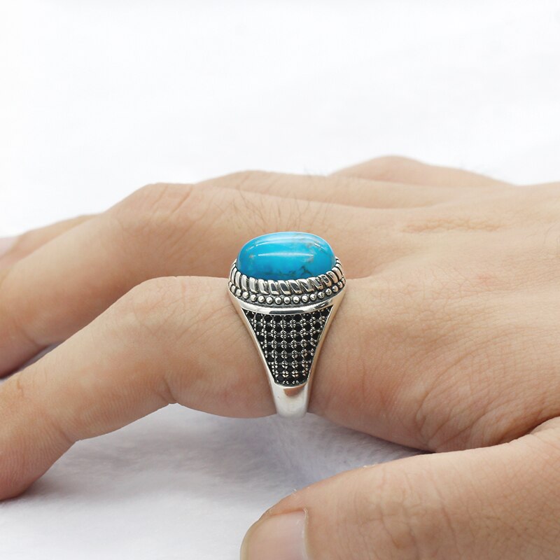 Echt 925 Sterling Zilveren Mannen Ring Met Blauwe Natuurlijke Turquoise &amp; Black Cz Steen Vintage Thai Zilveren Ring Voor Mannelijke turkse Sieraden