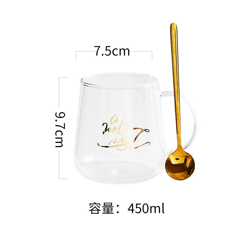 16oz guldfolietrykt glas krus forgyldning gennemsigtigt glas kaffe te drikkevarer dessert morgenmad mælkekop med ske: D stil