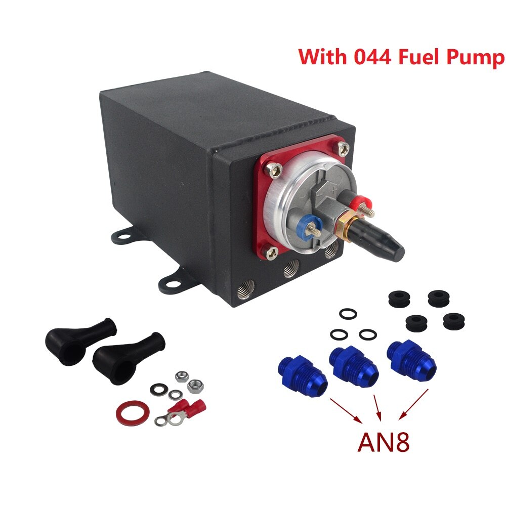 Single Fuel Pump Surge Tank Oil Catch Can Compatible with 044 Fuel Pump or 380 LPH Black PQY Fuel Pump With Different Fittings: AN8 Silver fuel pump