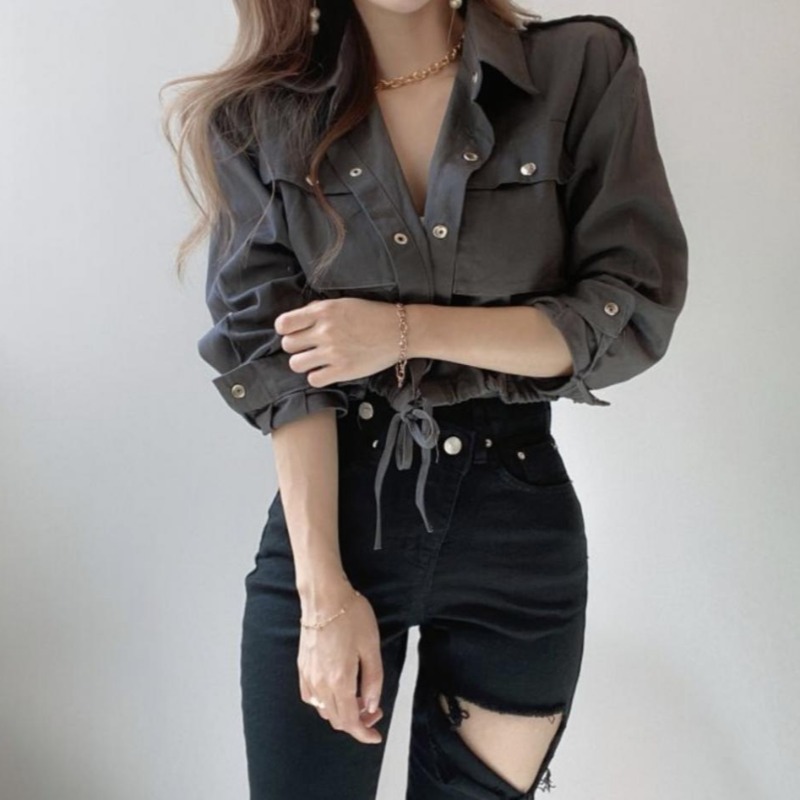 Ensfarvede jakker til kvinder i koreansk stil crop tops shirring enkeltradede knaplommer afslappet all-match daglig efterårs chic
