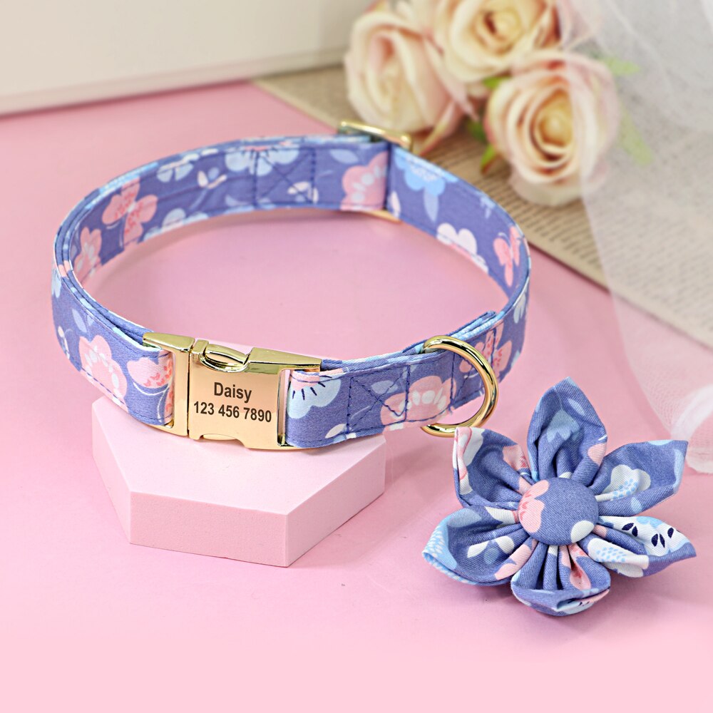 Obroża dla dziewczynki kwiat spersonalizowana obroża dla psa obroża dla buldoga francuskiego Custome Pet ID namecolor dla małych średnich duże psy: FIOLETOWY / L