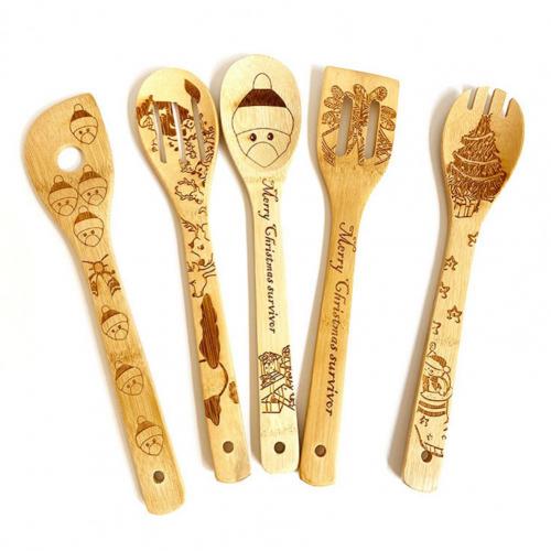 Juego de pala antiadherente de bambú para cocina, cuchara gruesa resistente al calor, 5 piezas: 5