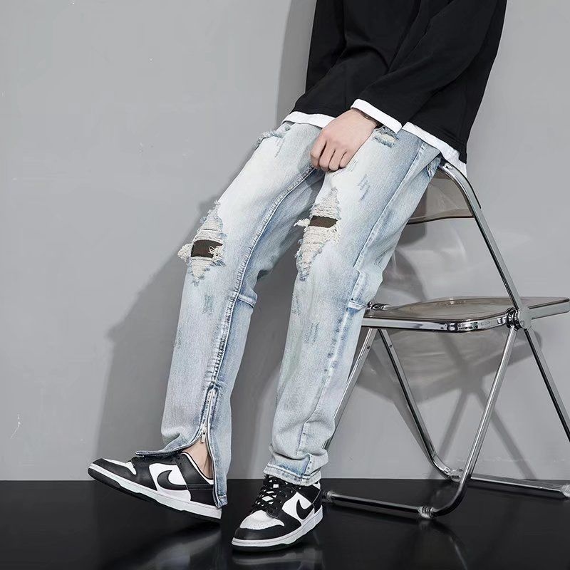 Pantalones vaqueros holgados rasgados para hombre, Jeans rectos informales a la , ropa de calle, pantalones vaqueros holgados de Hip Hop con agujeros