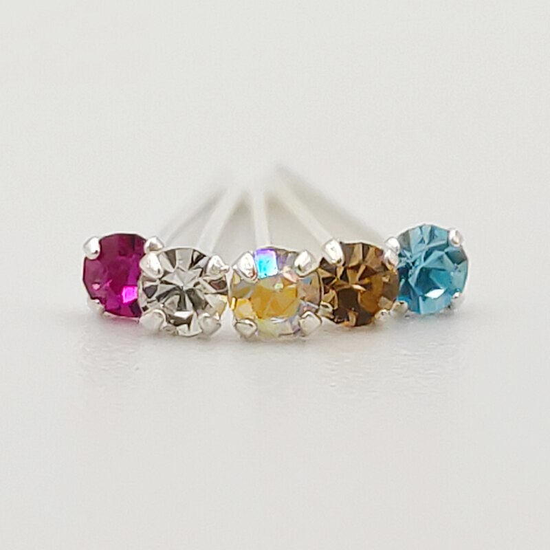 20pcs 925 Sterling Silver Nose Studs - 2mm Multicolor Crystal Round Body Piercing Jewelry